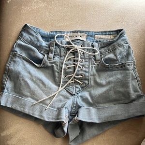 Pacsun Denim High Rise Super Stretch Shortie Shorts Tie Front